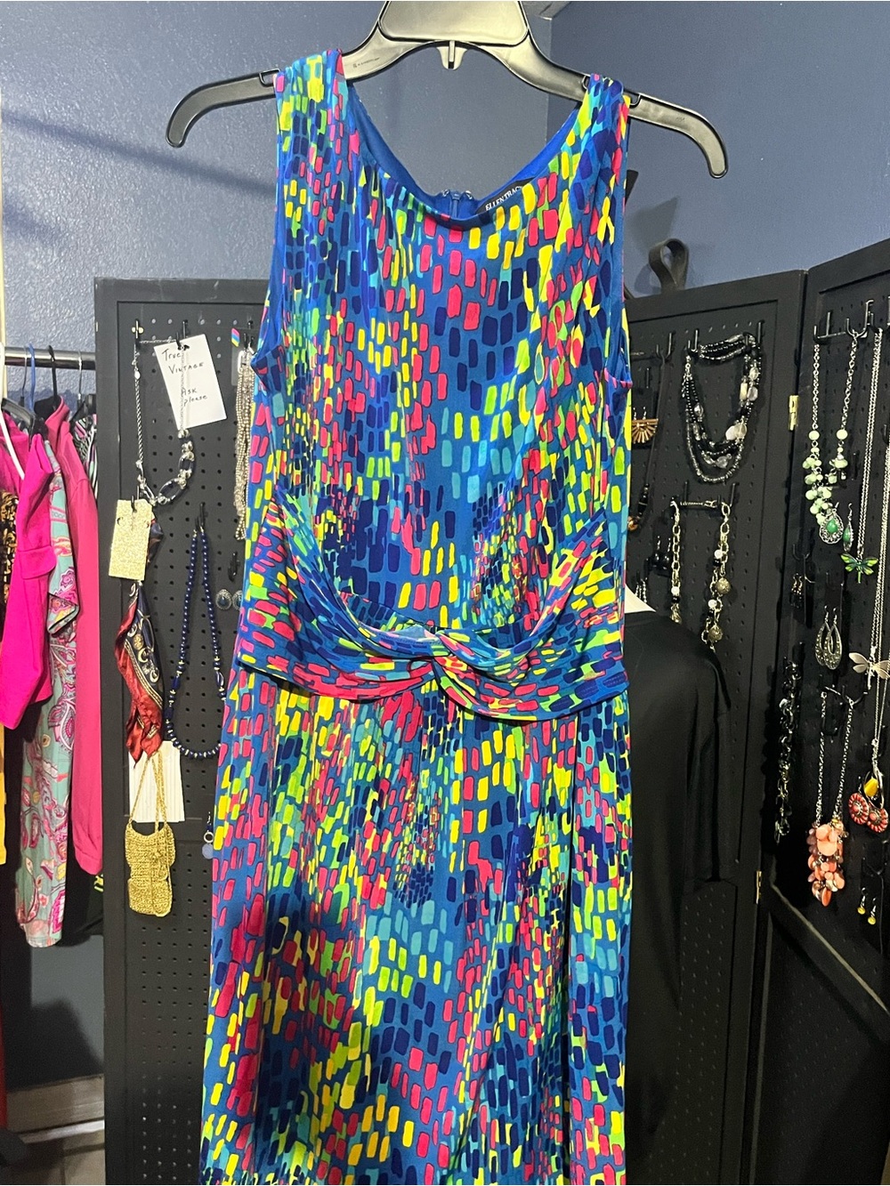 Ellen Tracy Vivid Blue Multicolor Twist-Waist Midi Dress